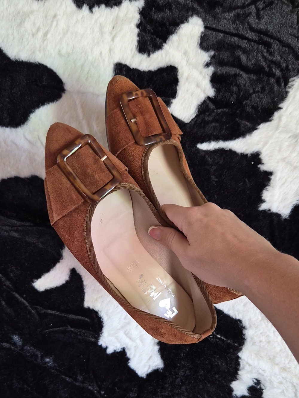Le Matin Brown Suede Pointed-Toe Flats with Buckle 7.5 Made In Italy